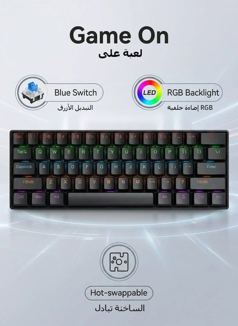 Keyboard mechanical keyboard blue switch RGB keyboard small keyboard Type-C key cable separation full key hot swappable wired gaming keyboard, suitable for PC/Mac e-sports gamers, business travel portable black keyboard
