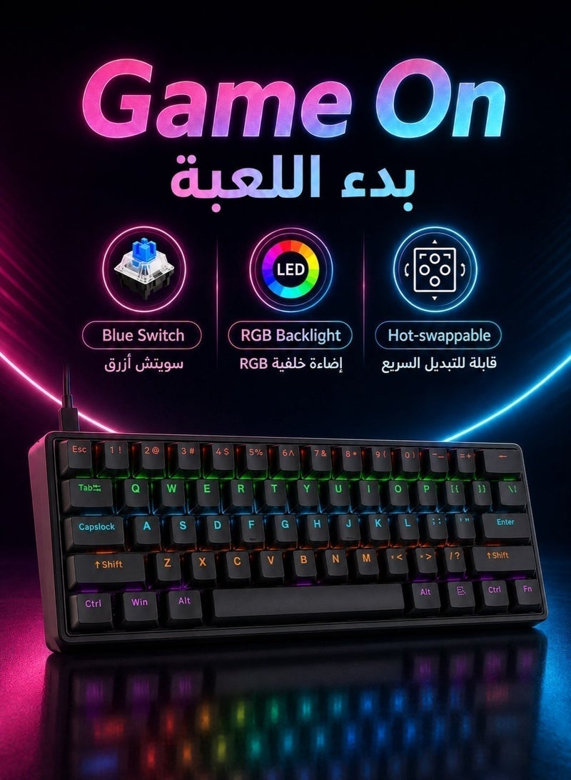 تي- وولف لوحة المفاتيح الميكانيكية لوحة المفاتيح الأزرق المفتاح لوحة المفاتيح RGB لوحة المفاتيح الصغيرة نوع C مفتاح كابل الفصل المفتاح الكامل الساخن مبادلة سلكية الألعاب لوحة المفاتيح ، مناسبة للاعبين الرياضات الإلكترونية الكمبيوتر الشخصي / ماك ، السفر التجاري لوحة المفاتيح السوداء المحمولة - Image 1