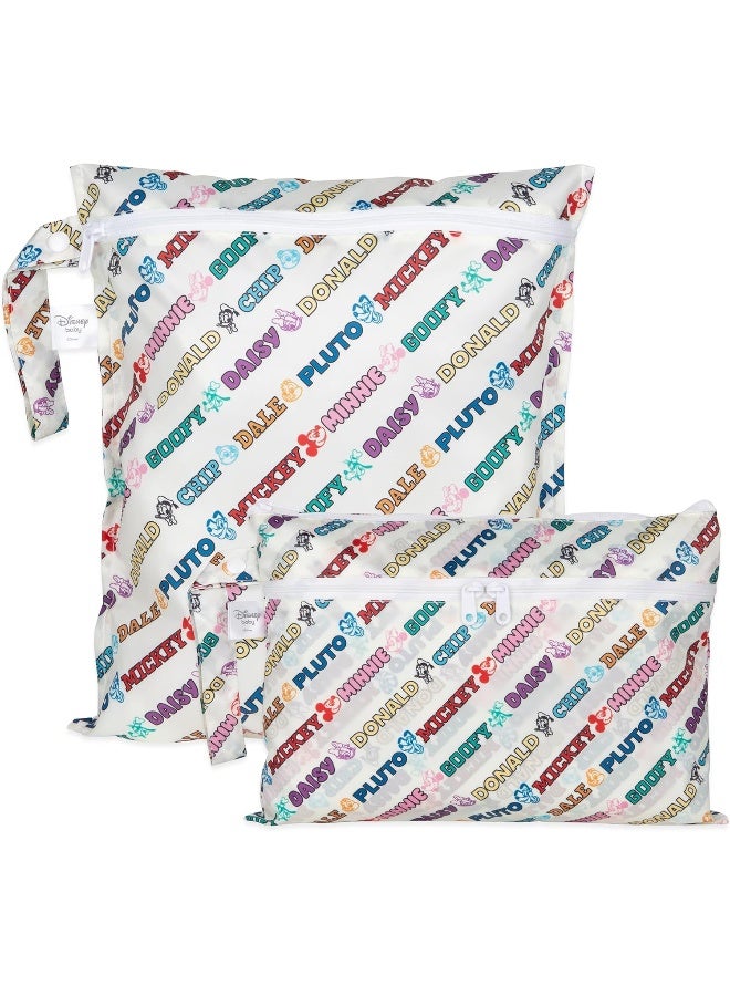 Bumkins Disney Waterproof Wet Bag and Wet Dry Clutch Bags for Baby, Travel, Swim Suit, Cloth Diapers, Pump Parts, Pool, Gym Clothes, Toiletry, Hook to Stroller, Packing, 2-pc Mickey and Friends White - Image 1