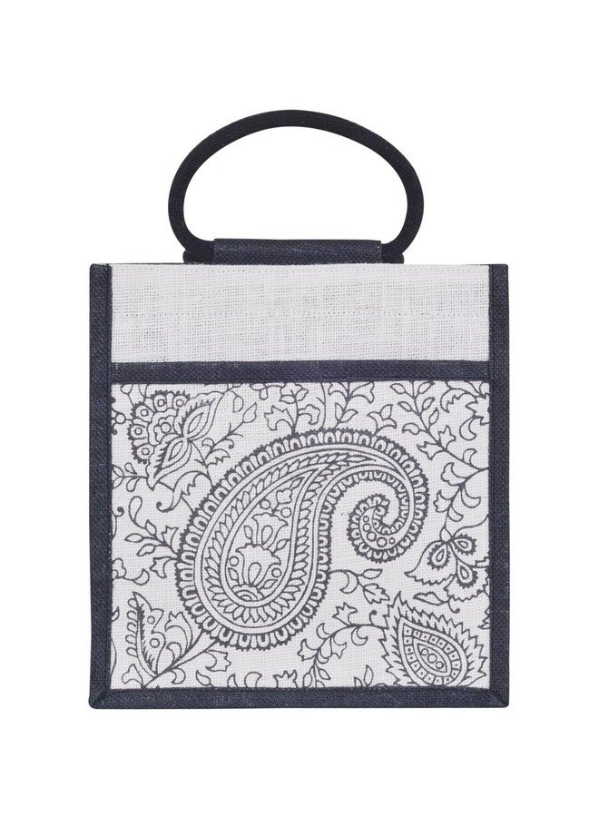 Jute Cottage Jute Bags for Lunch for Women and Men Jute Grocery Bag Jute Carry Bag Jute Tiffin Bags Jute Bags with Zip Printed Jute Bag Paisley Print (Black) - Image 1