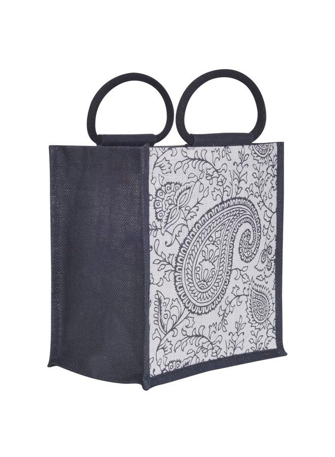 Jute Cottage Jute Bags for Lunch for Women and Men Jute Grocery Bag Jute Carry Bag Jute Tiffin Bags Jute Bags with Zip Printed Jute Bag Paisley Print (Black) - Image 2