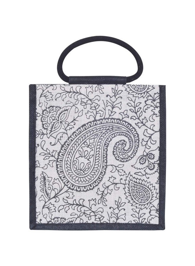 Jute Cottage Jute Bags for Lunch for Women and Men Jute Grocery Bag Jute Carry Bag Jute Tiffin Bags Jute Bags with Zip Printed Jute Bag Paisley Print (Black) - Image 3