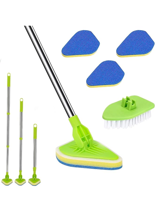promass Long Handled Scrubbing Brush - 3 in 1 Telescopic Bathroom Tile Cleaner, Extendable Shower Cleaning Brush with 3 Sponge Heads & 1 Hard Brush, 180° Swivel for Floor, Bath, Wall,and Glass Cleaning - Image 1