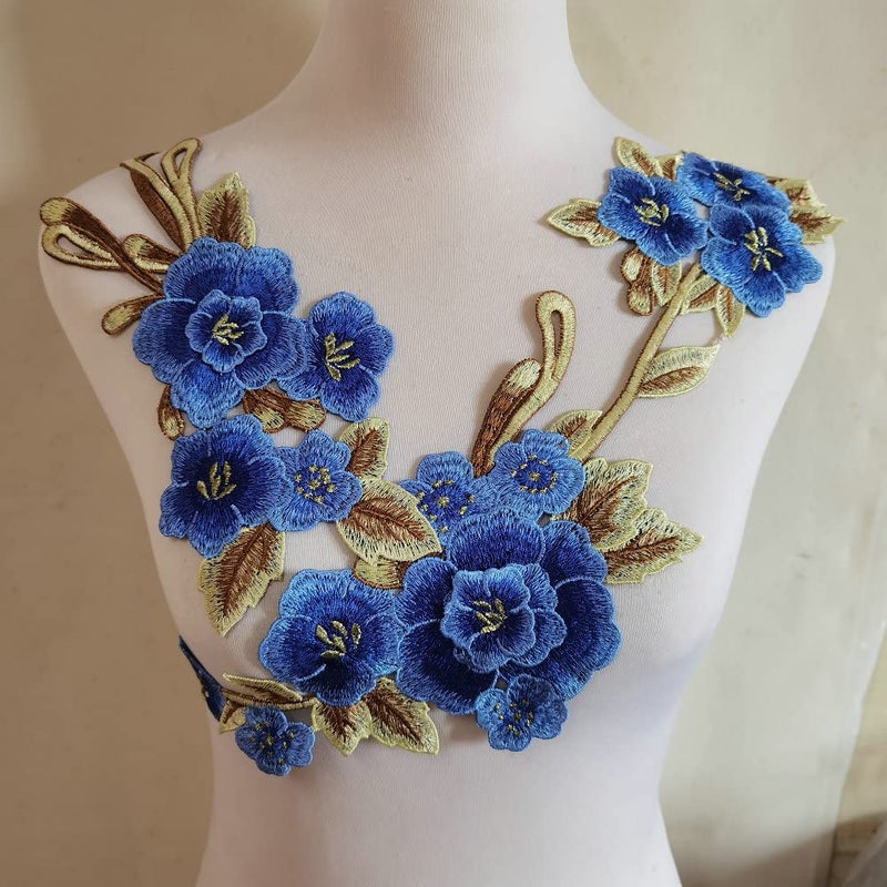 FJTANG 2pcs Beautiful Blue Flowers Embroidered Sewing Applique Patches - Image 1