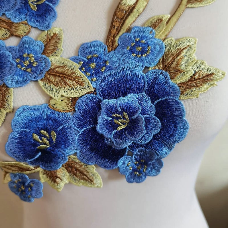 FJTANG 2pcs Beautiful Blue Flowers Embroidered Sewing Applique Patches - Image 3