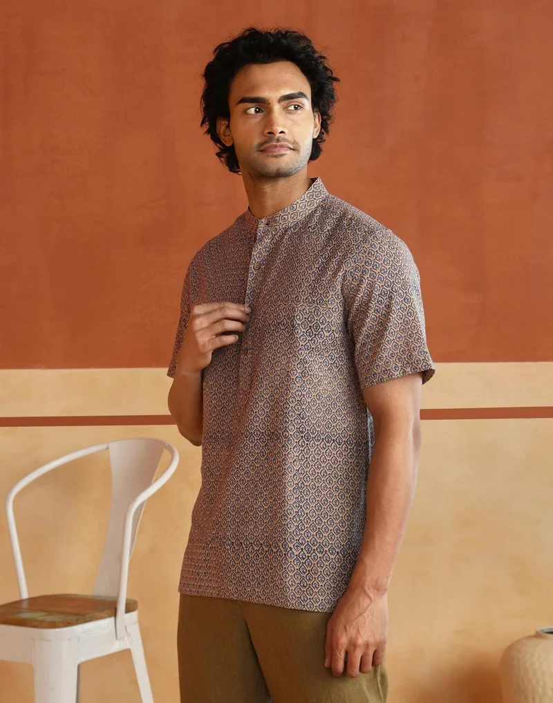 Fabindia  Blue-Beige Cotton Hand Block Printed Slim Fit Mid Placket Shirt for Men | Best Price UAE