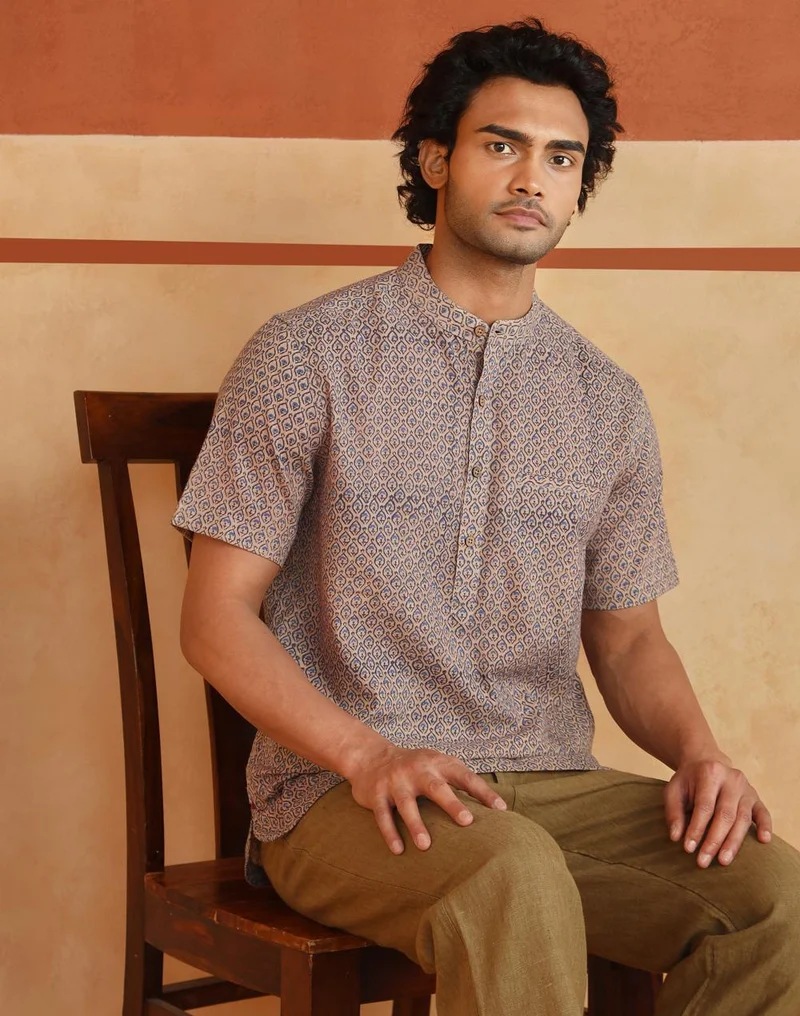 فاب انديا Blue-Beige Cotton Hand Block Printed Slim Fit Mid Placket Shirt