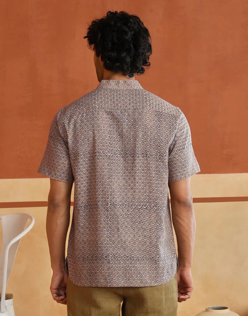 Fabindia  Blue-Beige Cotton Hand Block Printed Slim Fit Mid Placket Shirt for Men | Best Price UAE