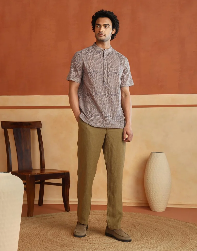 Fabindia  Blue-Beige Cotton Hand Block Printed Slim Fit Mid Placket Shirt for Men | Best Price UAE