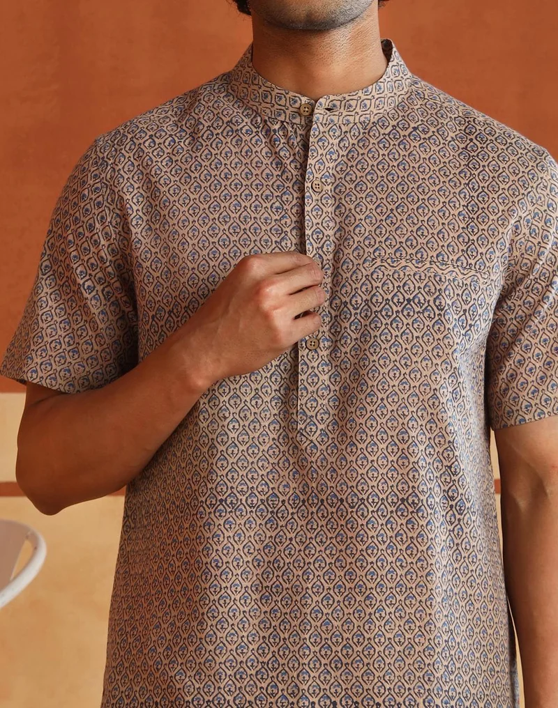 Fabindia  Blue-Beige Cotton Hand Block Printed Slim Fit Mid Placket Shirt for Men | Best Price UAE