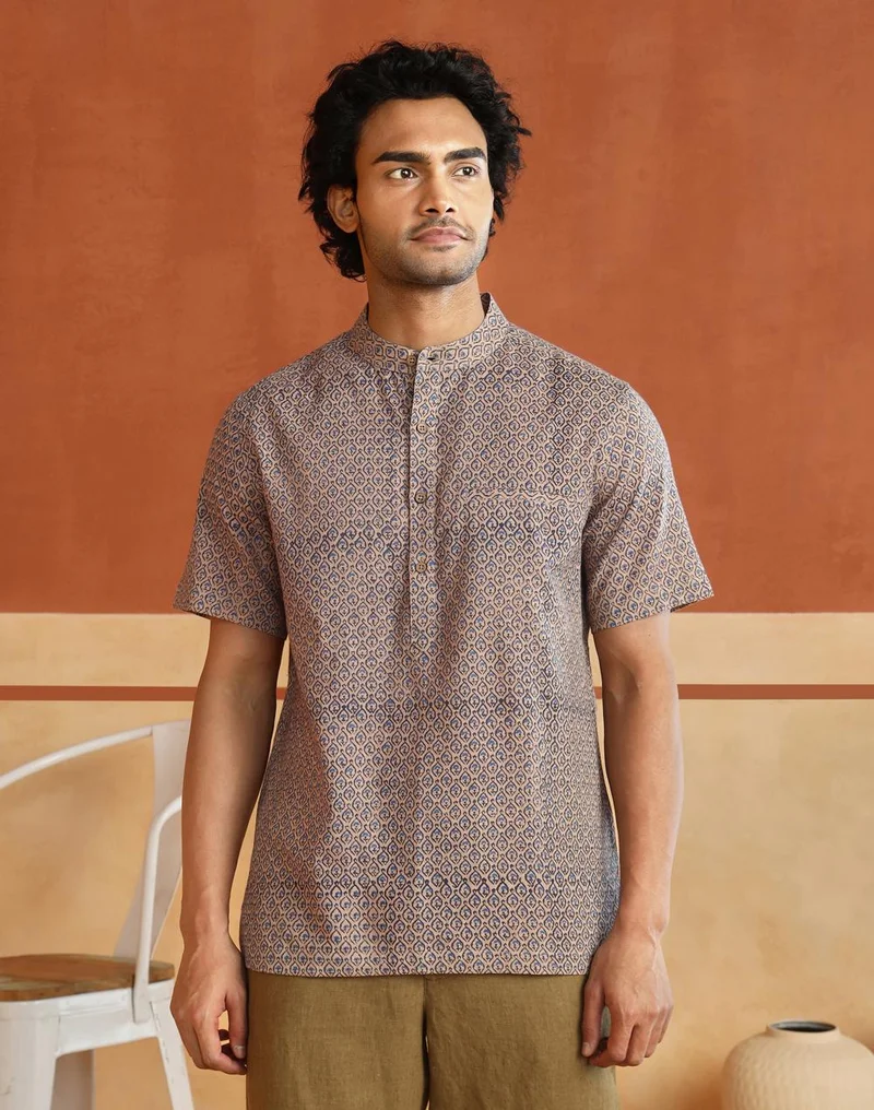 فاب انديا Blue-Beige Cotton Hand Block Printed Slim Fit Mid Placket Shirt