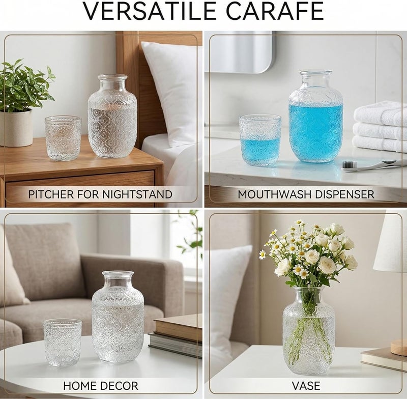 AVLA 4 Pcs Bedside Water Carafe and Glass Tumblers, 20 OZ Clear Nightstand Pitcher with 5 OZ Cup Set, Glass Mouthwash Decanter Vintage Elegant Glassware for Juice, Kitchen, Bedroom, Bar, Bathroom - Image 5