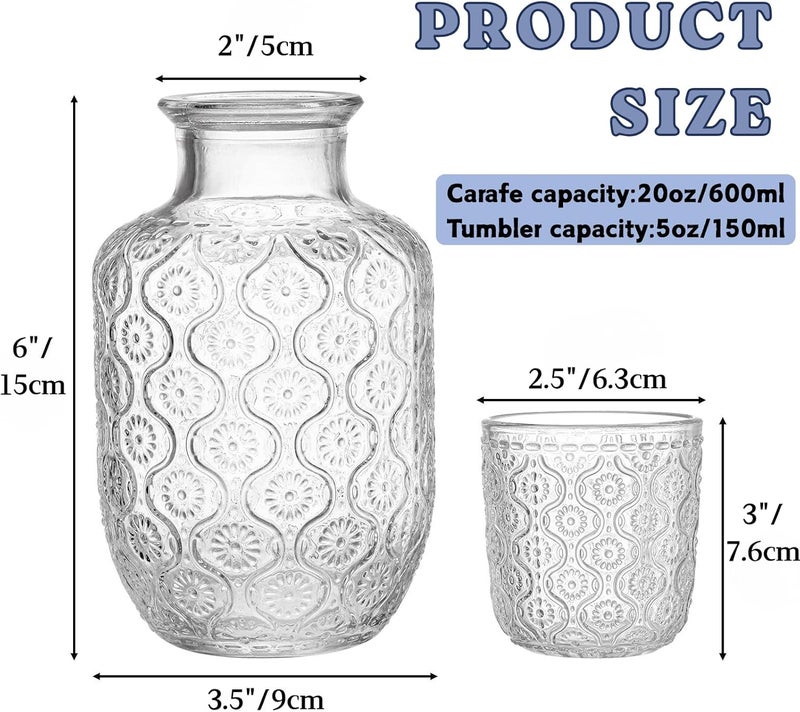 AVLA 4 Pcs Bedside Water Carafe and Glass Tumblers, 20 OZ Clear Nightstand Pitcher with 5 OZ Cup Set, Glass Mouthwash Decanter Vintage Elegant Glassware for Juice, Kitchen, Bedroom, Bar, Bathroom - Image 2