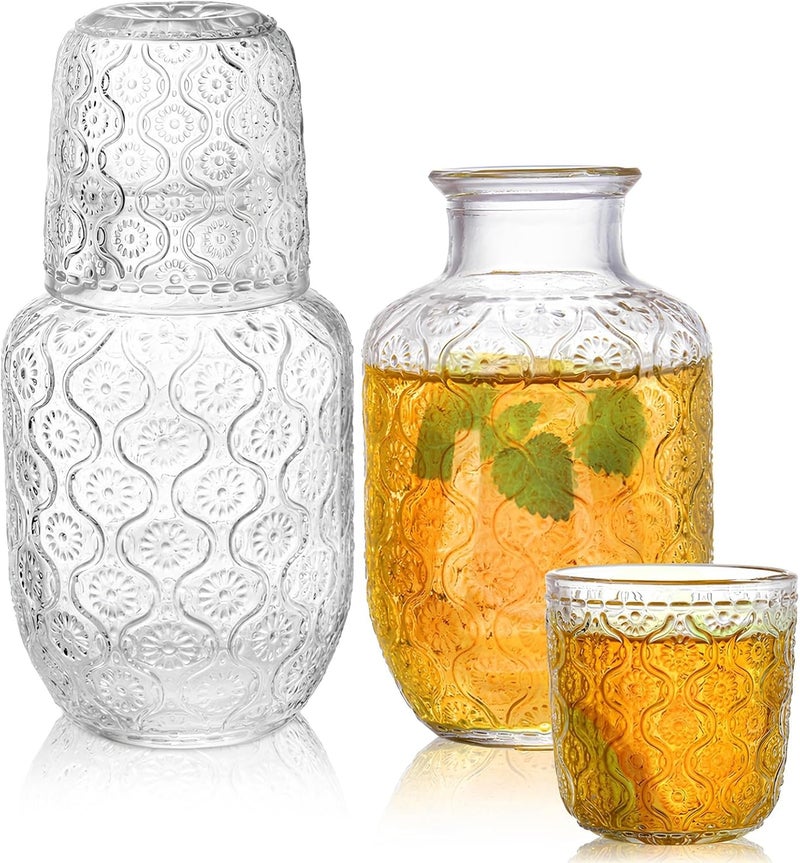 AVLA 4 Pcs Bedside Water Carafe and Glass Tumblers, 20 OZ Clear Nightstand Pitcher with 5 OZ Cup Set, Glass Mouthwash Decanter Vintage Elegant Glassware for Juice, Kitchen, Bedroom, Bar, Bathroom - Image 1