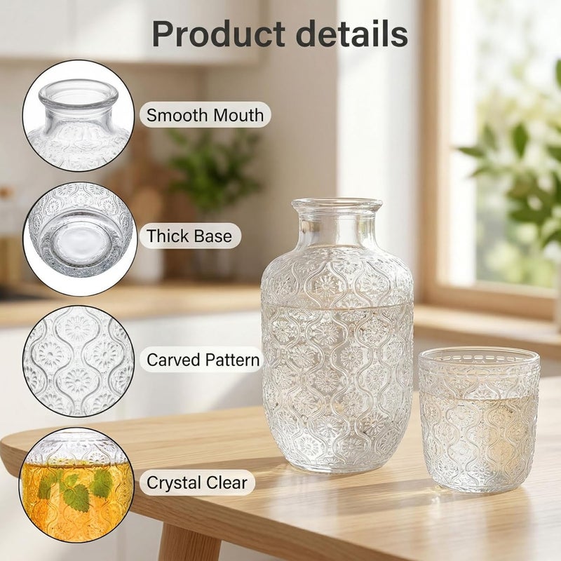 AVLA 4 Pcs Bedside Water Carafe and Glass Tumblers, 20 OZ Clear Nightstand Pitcher with 5 OZ Cup Set, Glass Mouthwash Decanter Vintage Elegant Glassware for Juice, Kitchen, Bedroom, Bar, Bathroom - Image 3