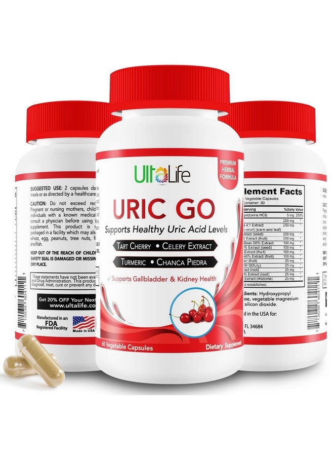 UltaLife #1 URIC GO مكمل دعم تنظيف حمض اليوريك لجراحة النقرس - تركيبة طبيعية لتنظيف الكلى ديتوكس تشانكا بيدرا، بذور الكرفس، الكرز الحامض، التوت البري، الرمان، الكركم، نباتي غير معدل وراثيًا 60 كبسولة - Image 1