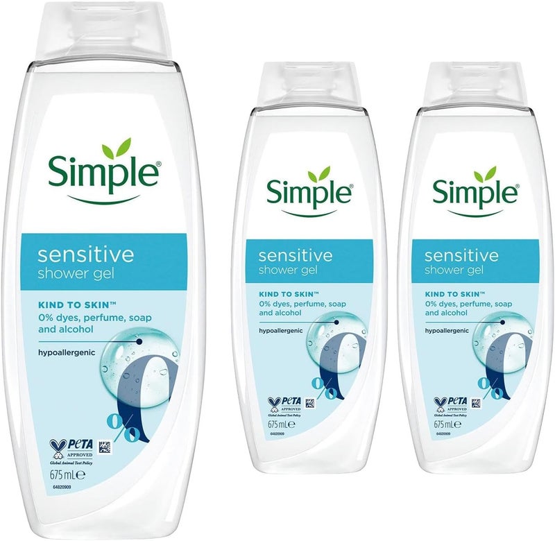Simple Kind to Skin Shower Gel Sensitive Pack of 3 Body Wash with 8 Hour Moisturisation Hypoallergenic UltraGentle for Most Sensitive Skin 675 ml