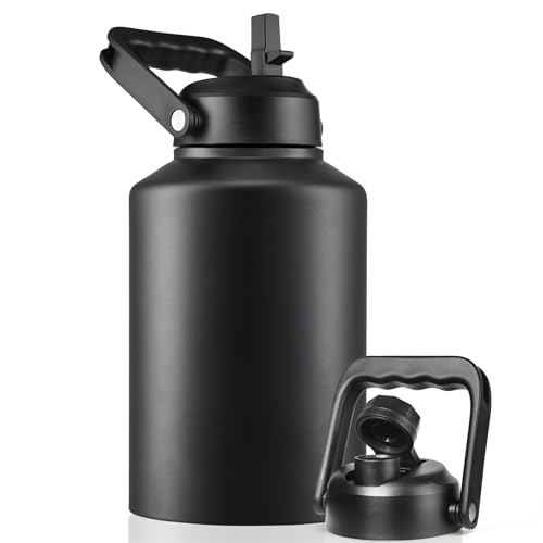 EALGRO Insulated Gallon Water Bottle Jug with Straw, 128 oz Large Stainless Steel Sports Metal Water Canteen With Handle, Thermal Water Cup Mug with 2 Lids, Midnight Black - Image 1