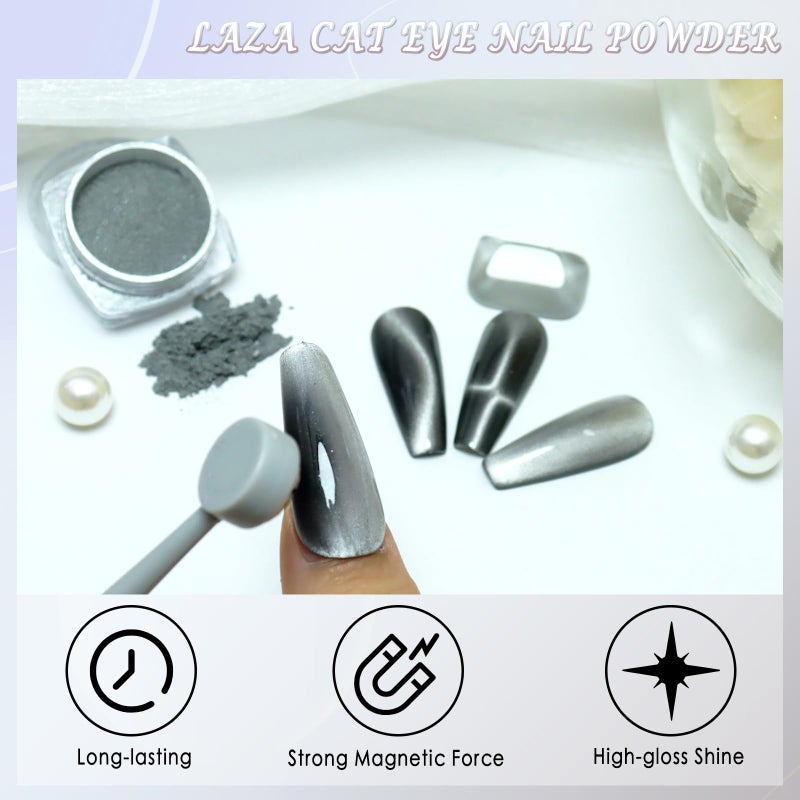 Laza Cat Eye Chrome Nail Powder Chameleon Magnetic Powder 9D Cat Eye Effect Mirror Effect Pigment Dust Magic Galaxy Holographic Effect Glitter with Magnetic Stick for Velvet Nail Art - Silver Velvet - Image 4