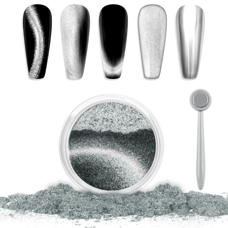 Laza Cat Eye Chrome Nail Powder Chameleon Magnetic Powder 9D Cat Eye Effect Mirror Effect Pigment Dust Magic Galaxy Holographic Effect Glitter with Magnetic Stick for Velvet Nail Art - Silver Velvet - Image 1