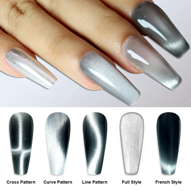 Laza Cat Eye Chrome Nail Powder Chameleon Magnetic Powder 9D Cat Eye Effect Mirror Effect Pigment Dust Magic Galaxy Holographic Effect Glitter with Magnetic Stick for Velvet Nail Art - Silver Velvet - Image 2