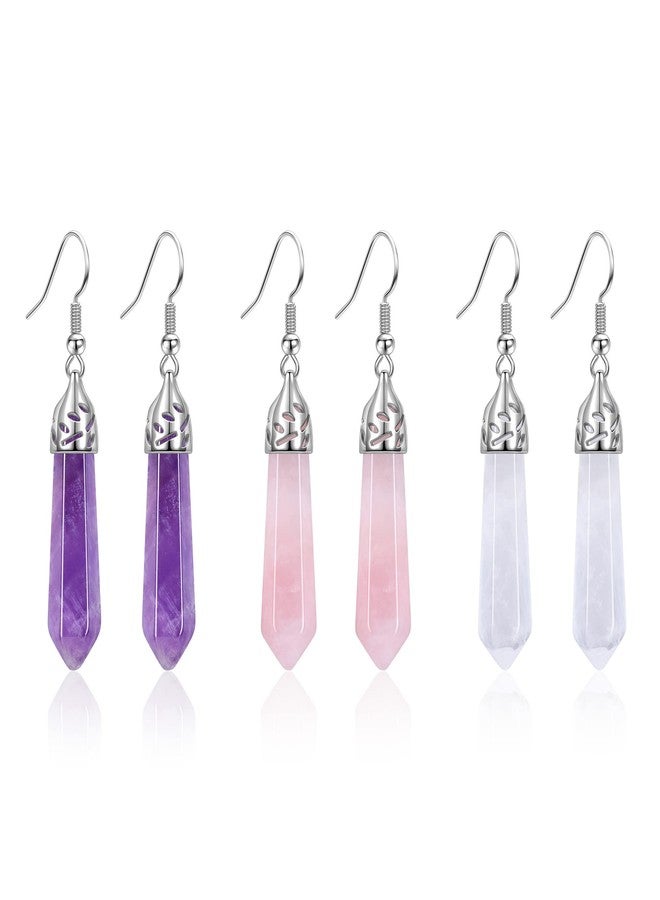 Jovivi 3Pairs Healing Crystals Earrings Sets for Women Natural Real Amethyst Clear Quartz Rose Quartz Stone Healing Hexagonal Points Crystal Chakra Dangle Earrings - Image 1