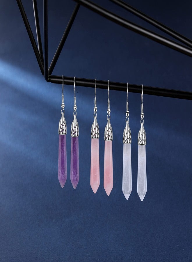 Jovivi 3Pairs Healing Crystals Earrings Sets for Women Natural Real Amethyst Clear Quartz Rose Quartz Stone Healing Hexagonal Points Crystal Chakra Dangle Earrings - Image 2