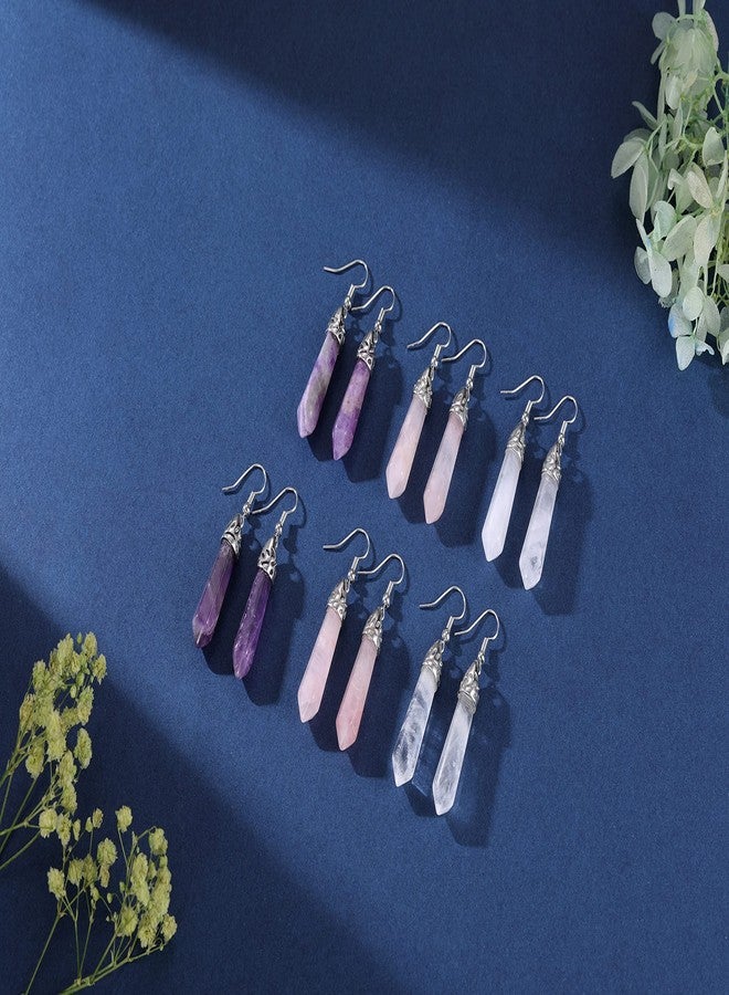 Jovivi 3Pairs Healing Crystals Earrings Sets for Women Natural Real Amethyst Clear Quartz Rose Quartz Stone Healing Hexagonal Points Crystal Chakra Dangle Earrings - Image 3