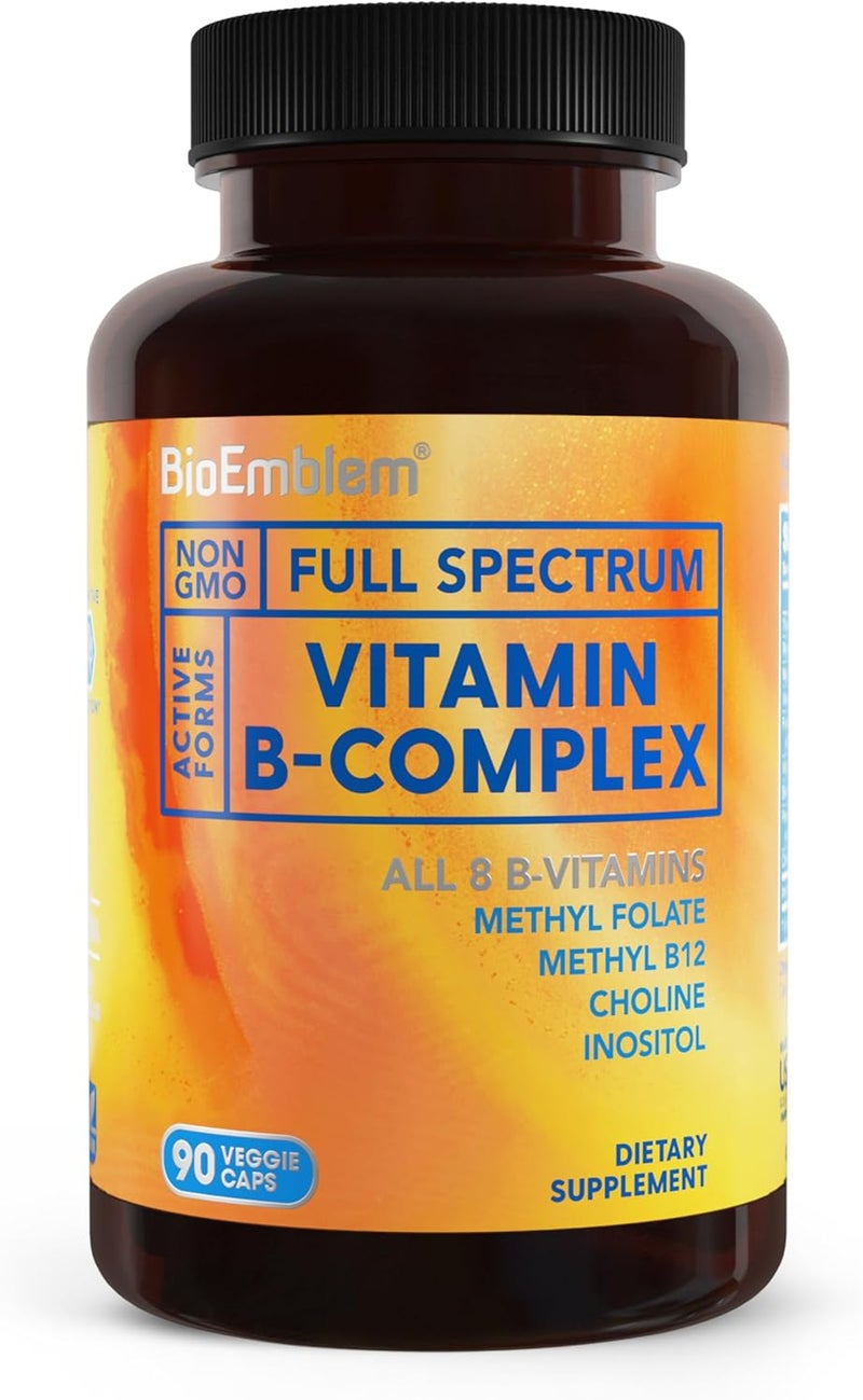 BioEmblem Vitamin BComplex  All 8 Active Forms with Methyl Folate Methyl B12 B6 Biotin Plus Choline Inositol Supports Energy Metabolism Brain Heart Health  B Vitamin Supplement 90 Capsules - Image 1