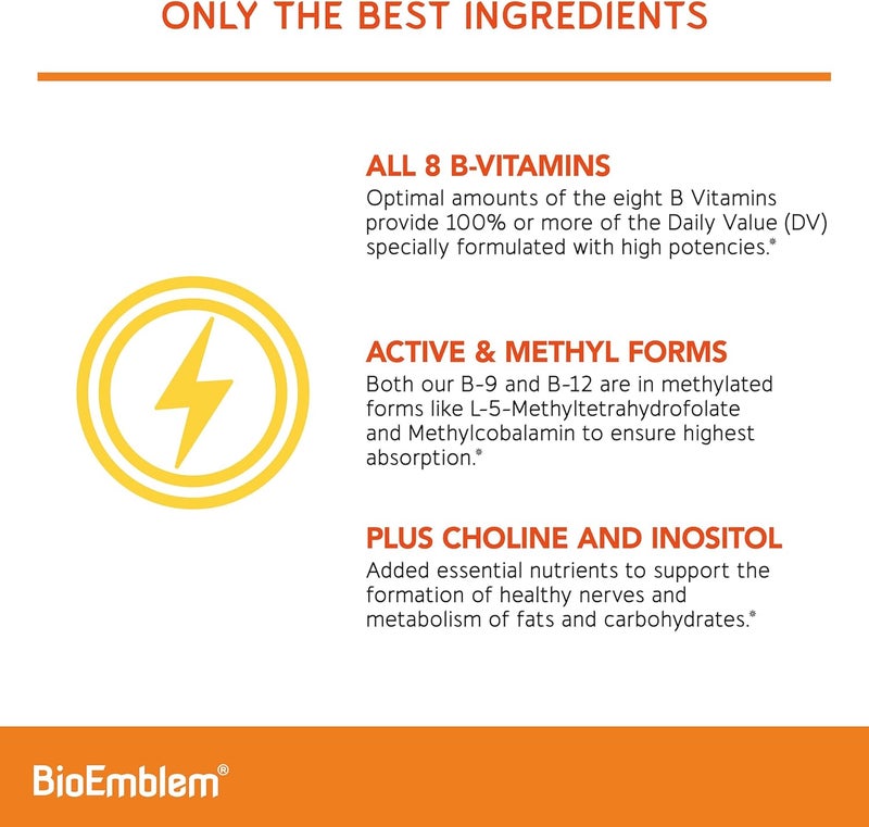 BioEmblem Vitamin BComplex  All 8 Active Forms with Methyl Folate Methyl B12 B6 Biotin Plus Choline Inositol Supports Energy Metabolism Brain Heart Health  B Vitamin Supplement 90 Capsules - Image 4