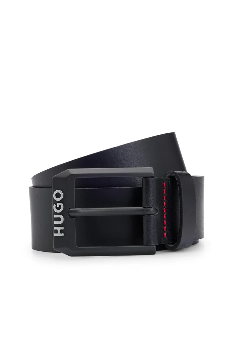 هوجو حزام جلدي بإبزيم بشعار أسود مطفي
