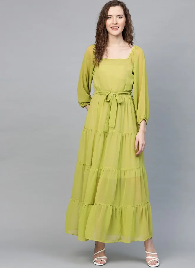 Lime Green Tiered Pleated Maxi Dress for Women