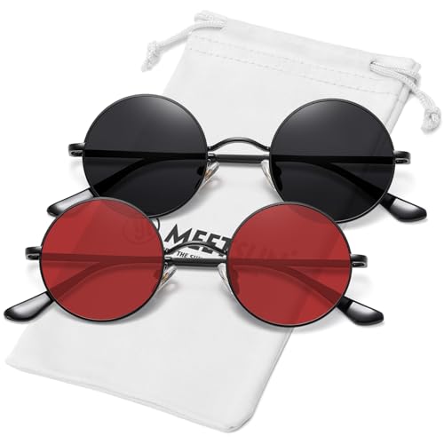 MEETSUN Small Round Polarized Sunglasses for Men Women Metal Retro Hippie Circle Sun Glasses Driving Festival Cosplay UV400(Black/Grey + Black/Red) - Image 1