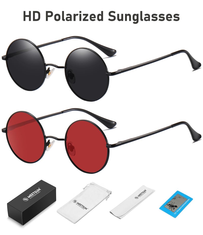 MEETSUN Small Round Polarized Sunglasses for Men Women Metal Retro Hippie Circle Sun Glasses Driving Festival Cosplay UV400(Black/Grey + Black/Red) - Image 4