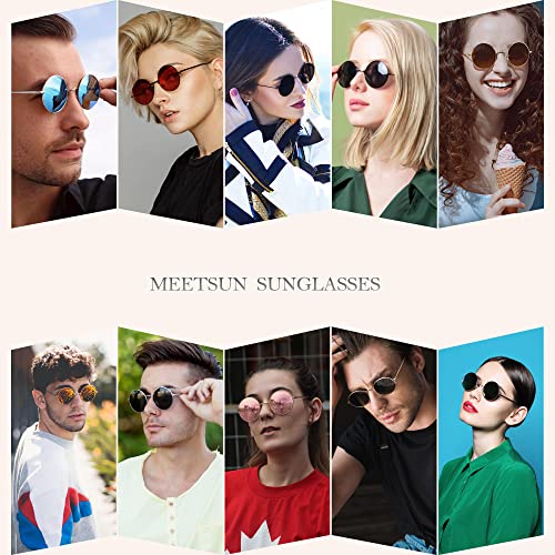 MEETSUN Small Round Polarized Sunglasses for Men Women Metal Retro Hippie Circle Sun Glasses Driving Festival Cosplay UV400(Black/Grey + Black/Red) - Image 2