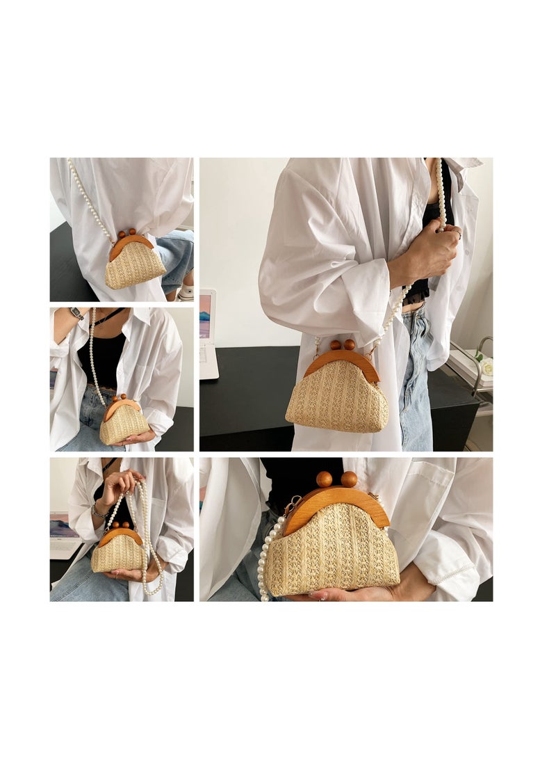 Excefore Straw Crossbody Handbag for Women, Mini Purse Rattan Wallet Bag Summer Beach Woven Pearl Straw Shoulder Bag Clutch - Image 3
