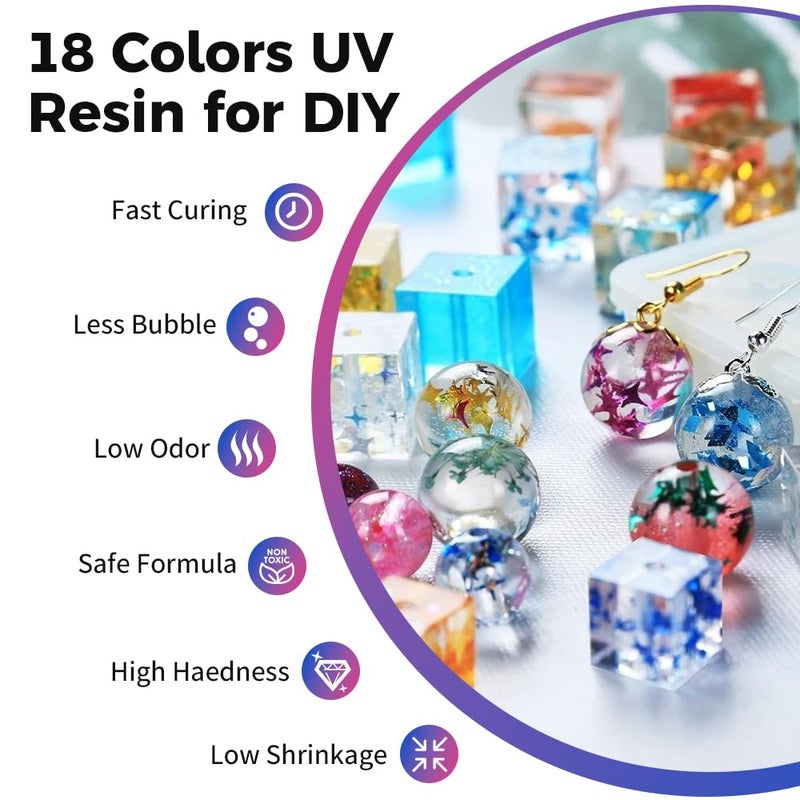 Honcaring UV Resin, 18 Colors UV Curing Hard Type Resin Clear, Fast Curing Odorless & Colored UV Resin Kit for Jewelry Making, Crafts, DIY(20g/0.68oz Each) - Image 3