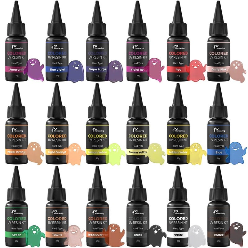 Honcaring UV Resin, 18 Colors UV Curing Hard Type Resin Clear, Fast Curing Odorless & Colored UV Resin Kit for Jewelry Making, Crafts, DIY(20g/0.68oz Each) - Image 1