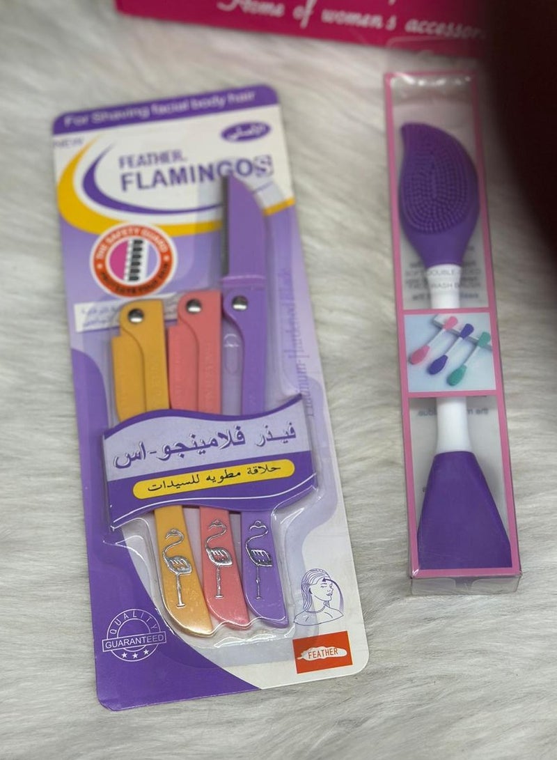 Feather - Platinum Hardened Blade For Women 1pack (3PCS).+Silicone Face Mask Applicator, 2 in 1 Double-Sided Facial Scrubber Brush Tool, Double-Head Manual Cleansing Brush for Deep Gentle Exfoliating 1PCS - Image 1