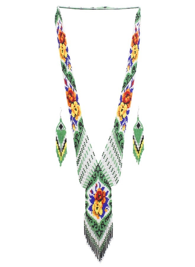 BeadsCorner Native Tribal Style Long Statement Beaded Necklace for Women Handmade (Green Flower) - Image 1