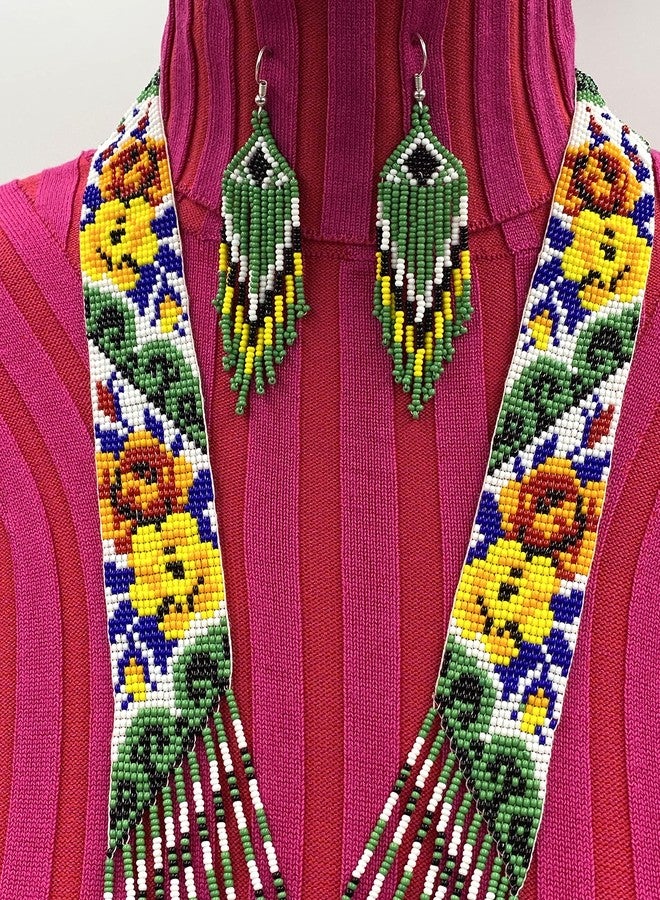 BeadsCorner Native Tribal Style Long Statement Beaded Necklace for Women Handmade (Green Flower) - Image 5