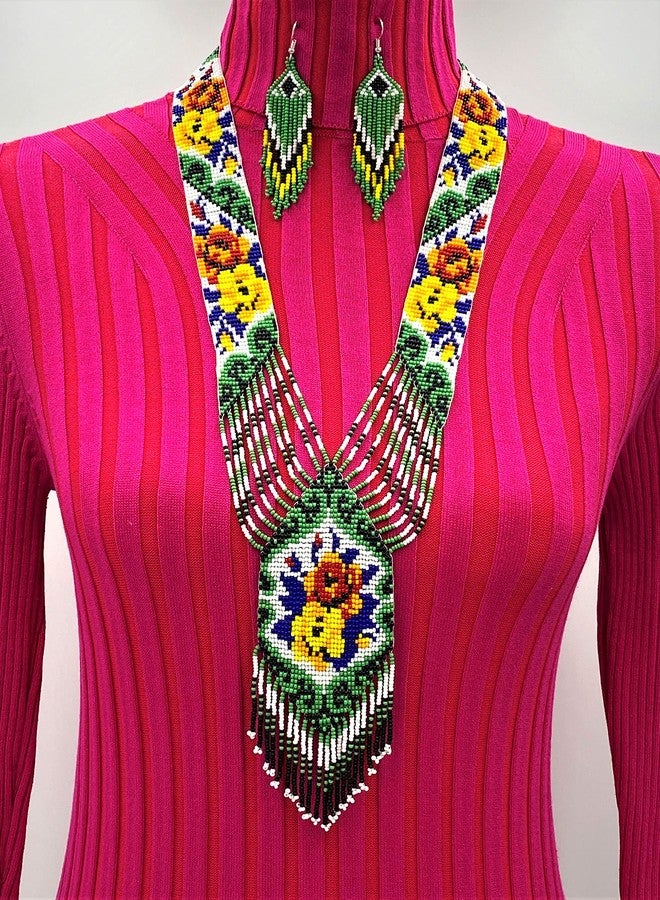 BeadsCorner Native Tribal Style Long Statement Beaded Necklace for Women Handmade (Green Flower) - Image 2