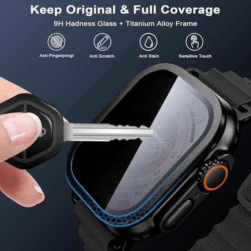 WSKEN for Apple Watch Ultra 3 / Ultra 2 Screen Protector 49mm, [26 Degree Privacy] Titanium Alloy Frame + 9H Tempered Glass, [Touch Sensitive] Lightweight Protective Glass Film for iwatch Ultra 2 Pack - Image 3