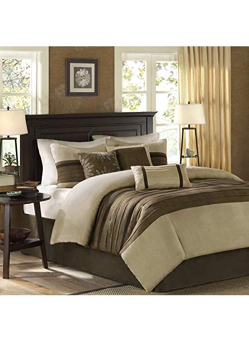 madison park Madison Park Palmer Comforter Set  Faux Suede Design Striped Accent All Season Down Alternative Bedding Matching Shams Decorative Pillow Bed Skirt King 104 in x 92 in Natural 7 Piece 
