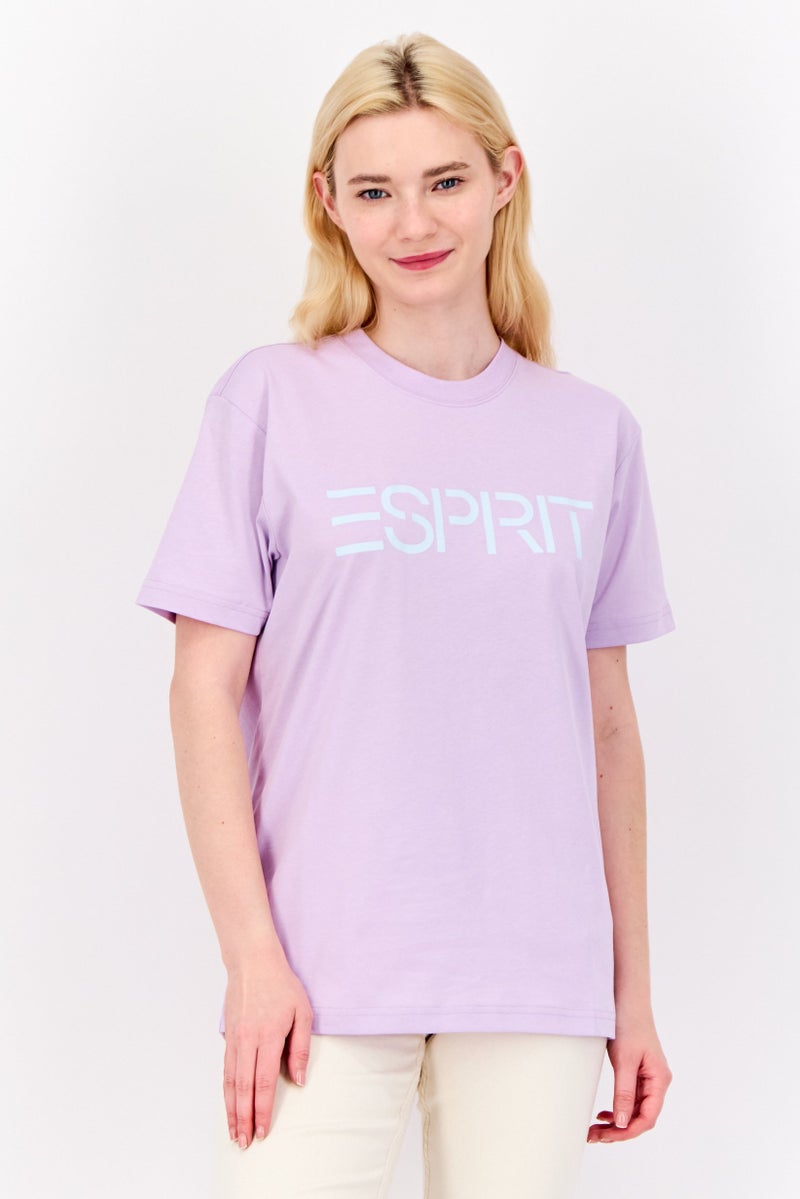 ESPRIT Women Crew Neck Short Sleeve Brand Logo T-Shirt, Lilac - Image 1