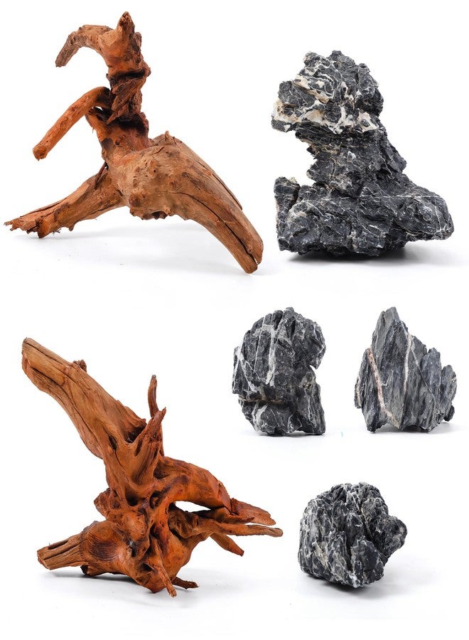 FISCAPE Aquarium Rocks & Driftwood Decor Kit, 2-8 Inches Natural Seiryu Stone 4 PCS for Aquascaping, 6-10 Inches Natural Driftwood 2 PCS for Fish Tank Decoration, Reptile and Amphibian Enclosures - Image 1