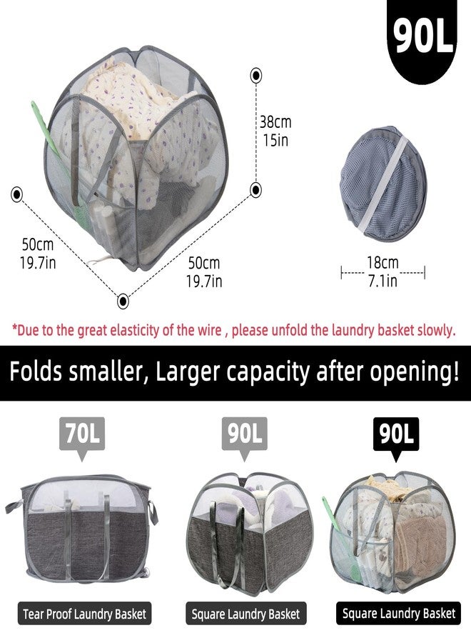 HEDONLEE Collapsible Laundry Basket, 90L Foldable Pop-up Laundry Hamper with Handles, Square Mesh Dirty Clothes Hamper for Laundry, Bathroom, Kids Room, Dorm,Travel or Camping (Gray) - Image 2
