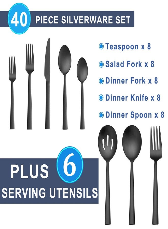 Herogo 46-Piece Matte Black Silverware Set with Serving Utensils, Stainless Steel Square Flatware, Modern Tableware Cutlery Set with Serving Pieces for Catering Banquet, Dishwasher Safe, Satin Finish - Image 2