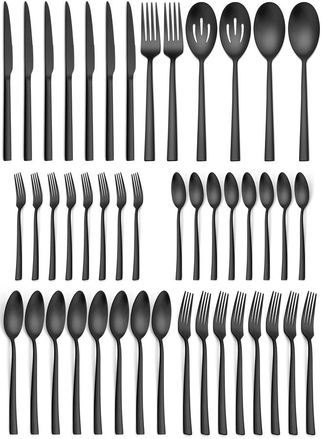 Herogo 46-Piece Matte Black Silverware Set with Serving Utensils, Stainless Steel Square Flatware, Modern Tableware Cutlery Set with Serving Pieces for Catering Banquet, Dishwasher Safe, Satin Finish - Image 1