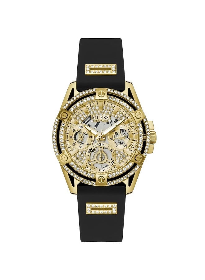 Guess Women’s Watch GW0536L3 | Gold Dial with Black Silicone Strap - Image 1